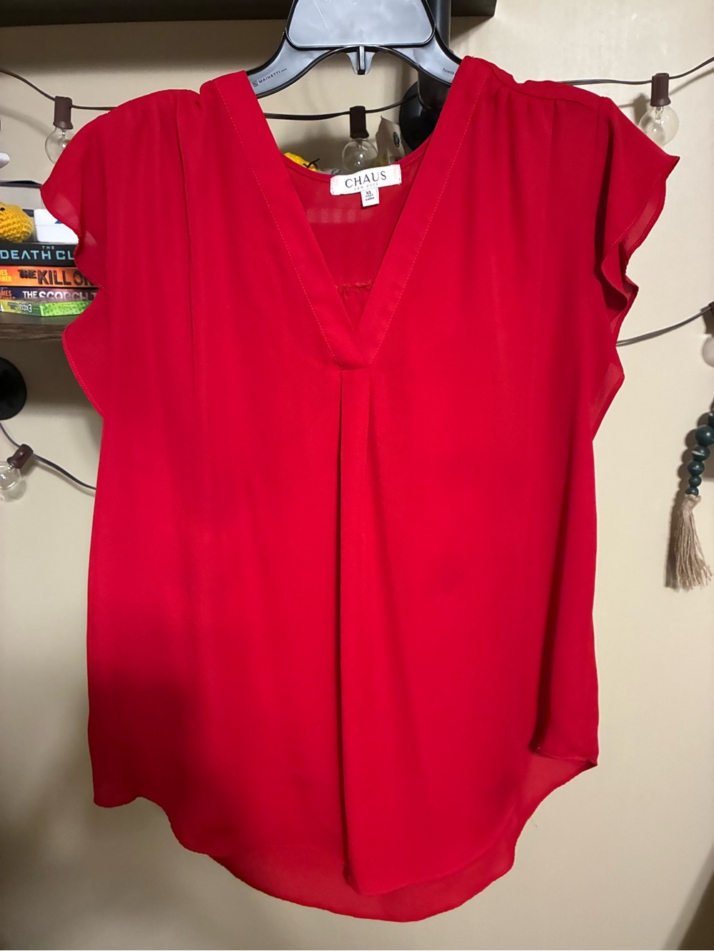 Chaus Bright Red V-Neck Flutter Sleeve Blouse